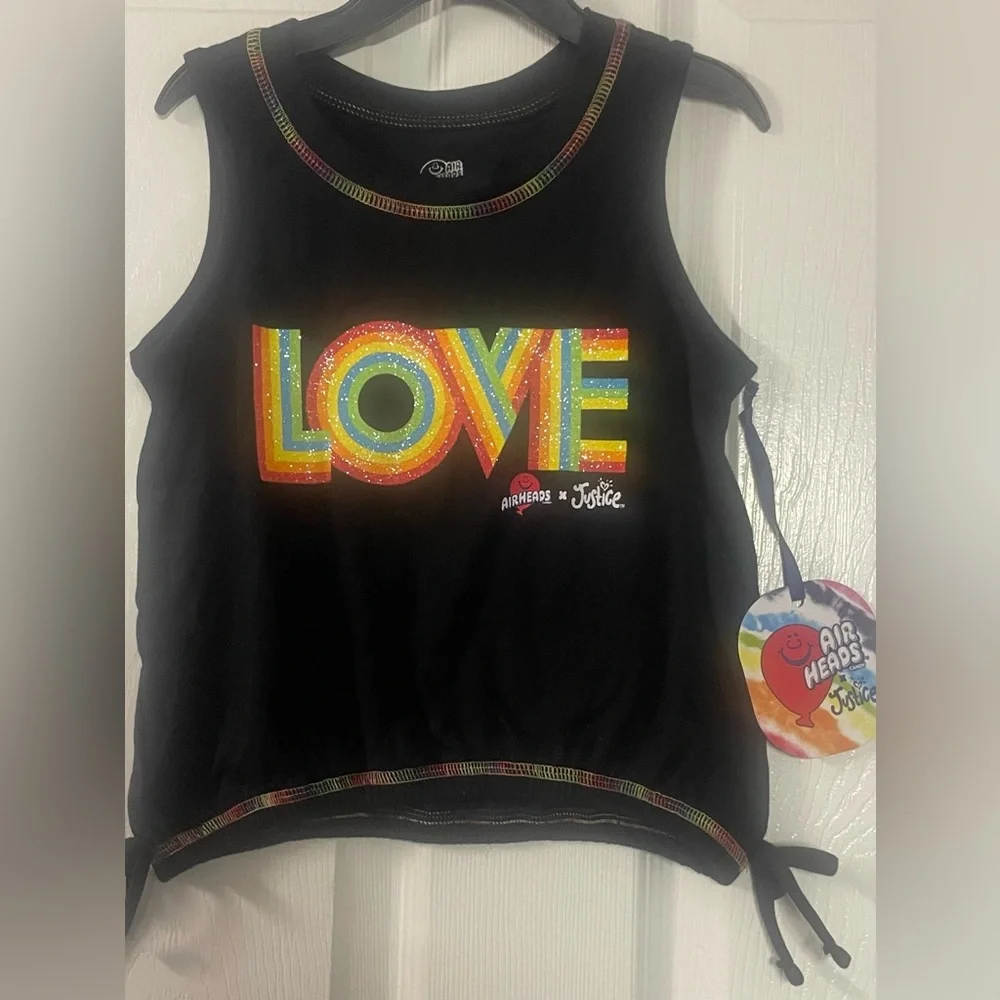 🔴 3/$12 Justice Girls Black Tank Top with Rainbow LOVE Graphic! NWT. Size XS.‎